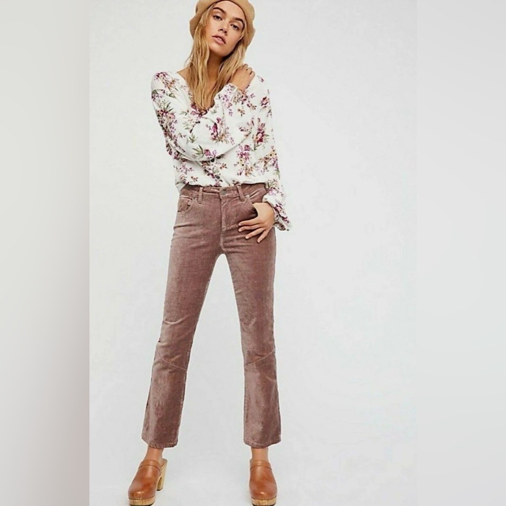 Free People Dusty Pink Crushed Velvet Crop Bootcut Pants Size 28